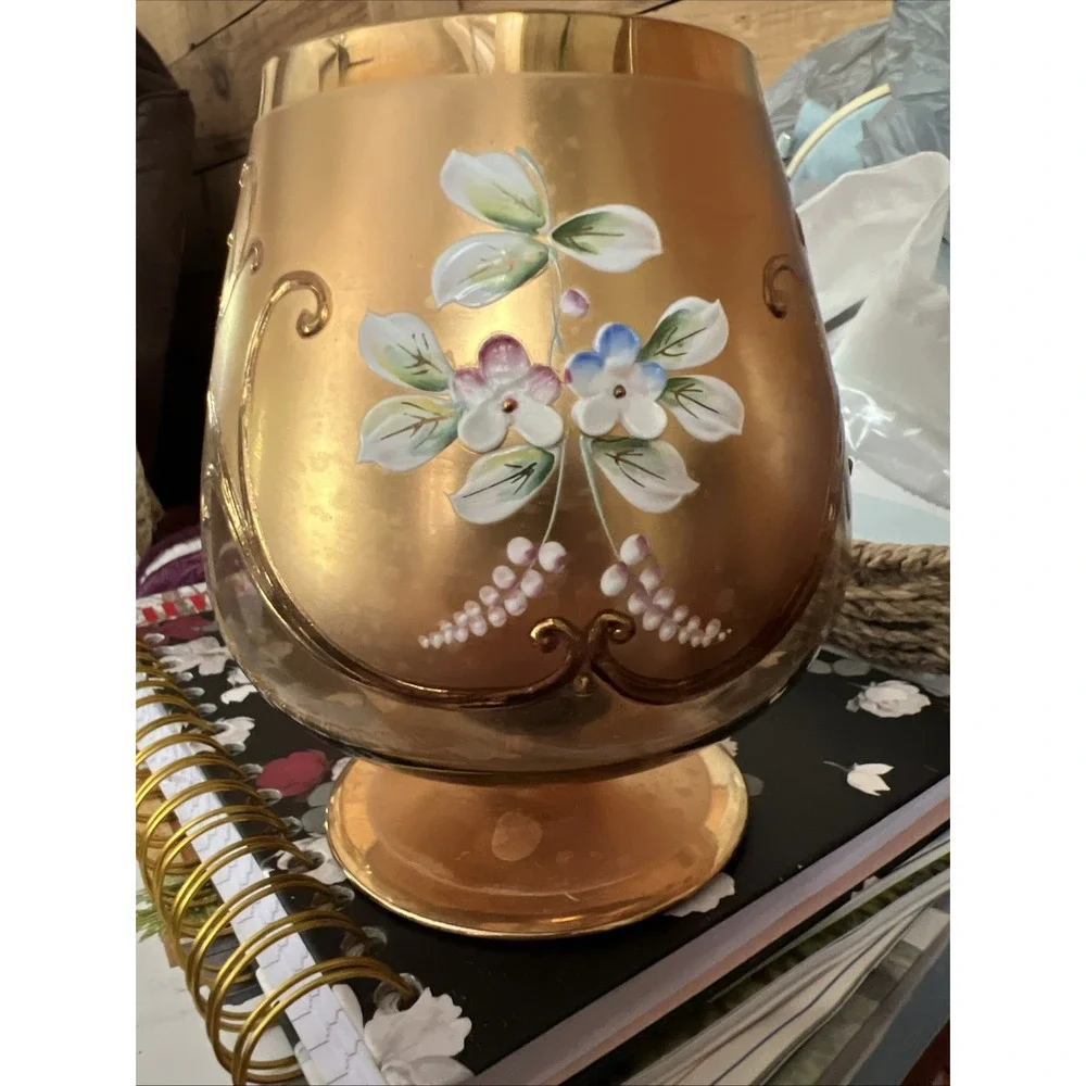 Bohemian Glass Hand Painted Enameled Flowers Gilt Gold Brandy Snifter, Set of 2
